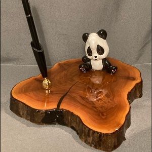 Vintage Wooden Pen Holder with Ceramic Panda Bear